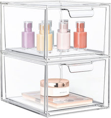 SpaceHacks stackable makeup organizer on vanity keeps cosmetics organized and accessible.