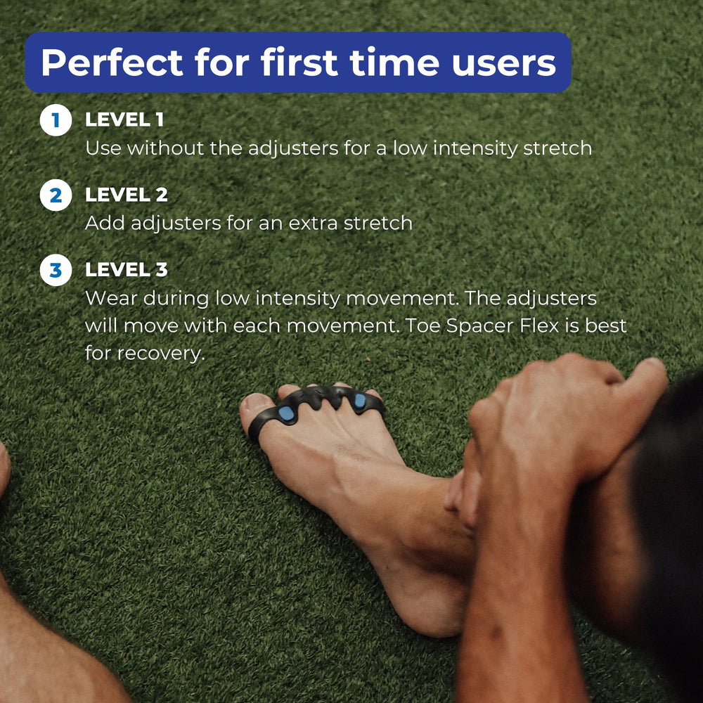 Spacer Mobility Toe Spacer FLEX worn to demonstrate comfortable, flexible fit.