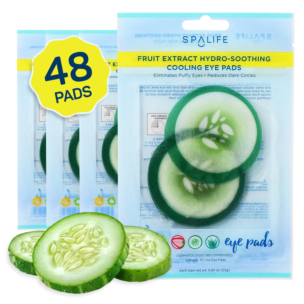 SpaLife Cucumber Eye Patches pack-48-count ready for daily depuffing routine.