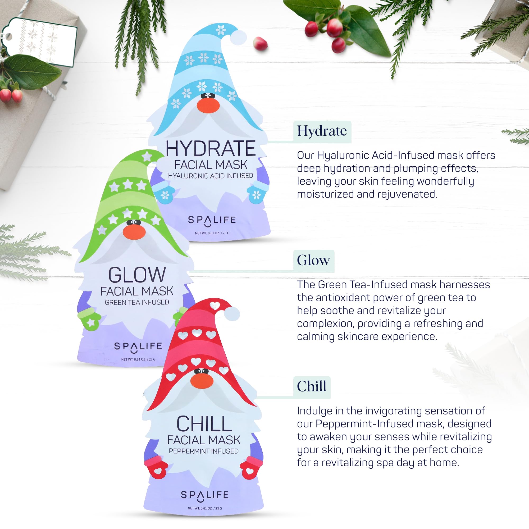SpaLife holiday-glow-collection-display captures festive masks ready for gifting and skin rejuvenation.