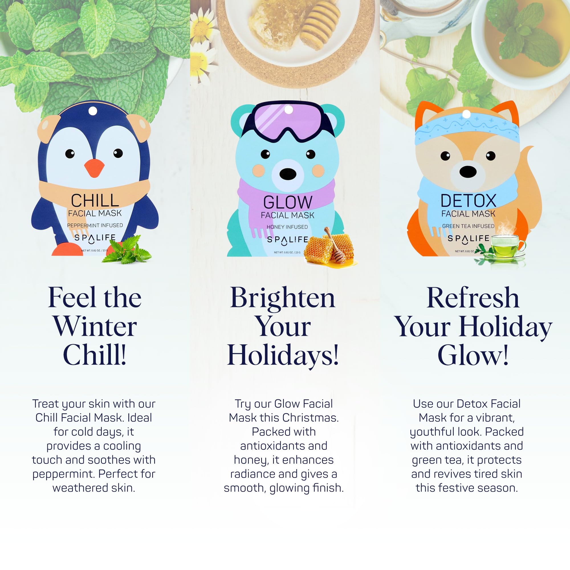 SpaLife Snow Buddies mask with green tea extract highlighting detox and soothing cleanse
