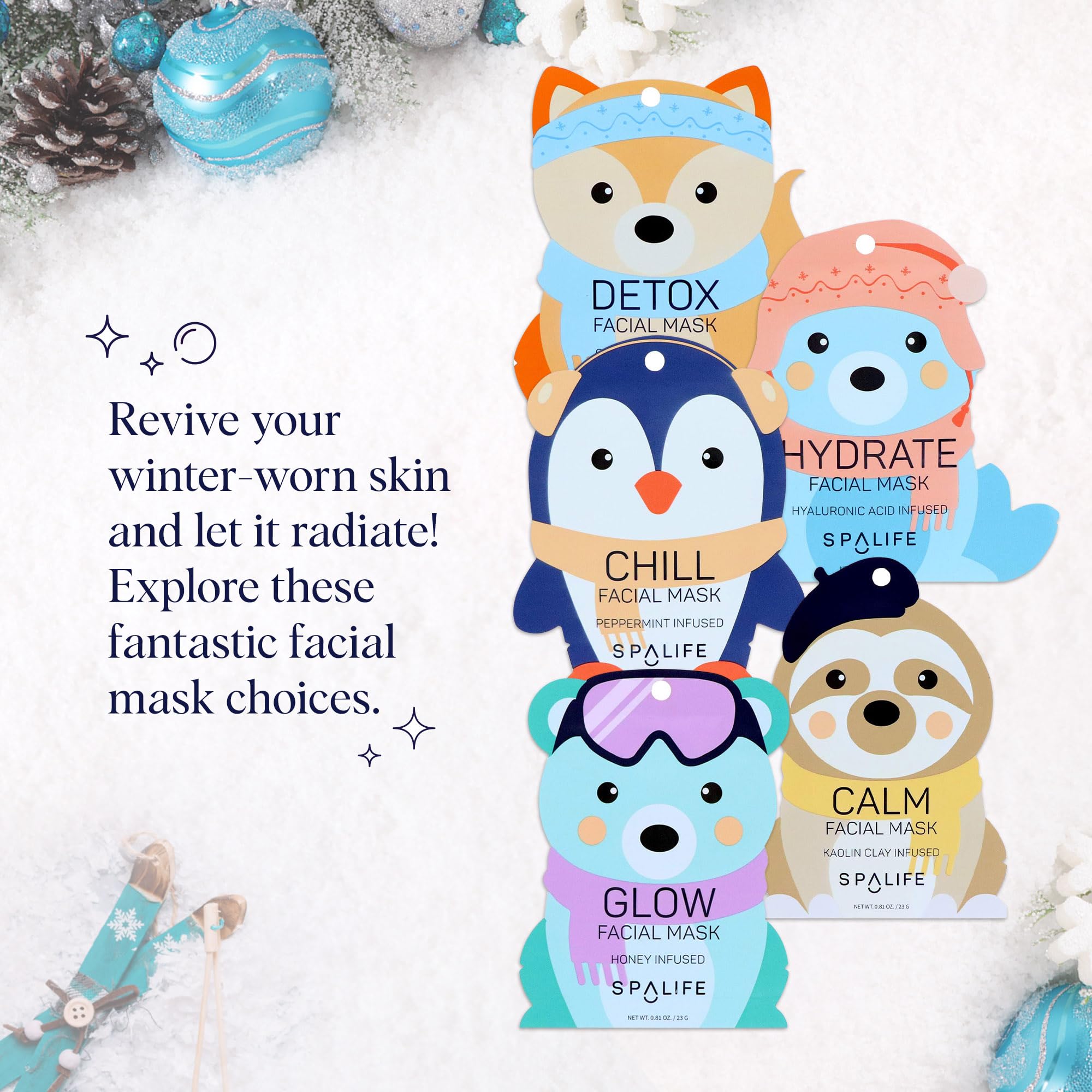 SpaLife Snow Buddies mask packaging front showcasing holiday-themed design and gift-ready presentation