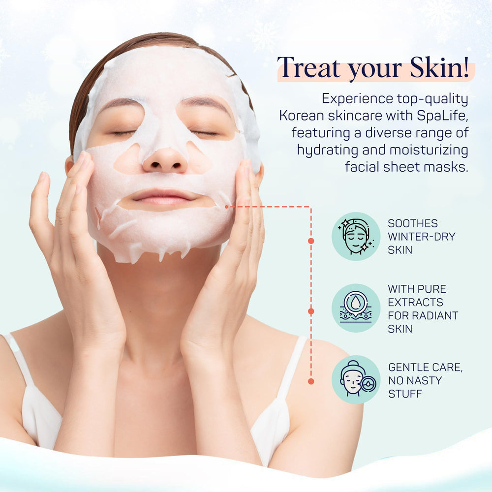 SpaLife Snow Buddies mask sheet application close-up suggests easy at-home spa treatment