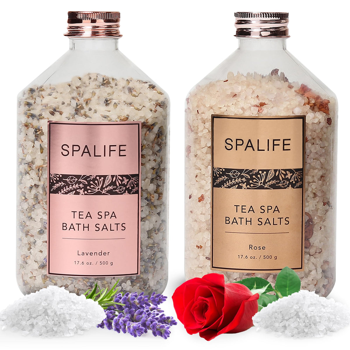 SpaLife Tea Spa lavender jar with petal-infused salts for relaxing aromatherapy soak.