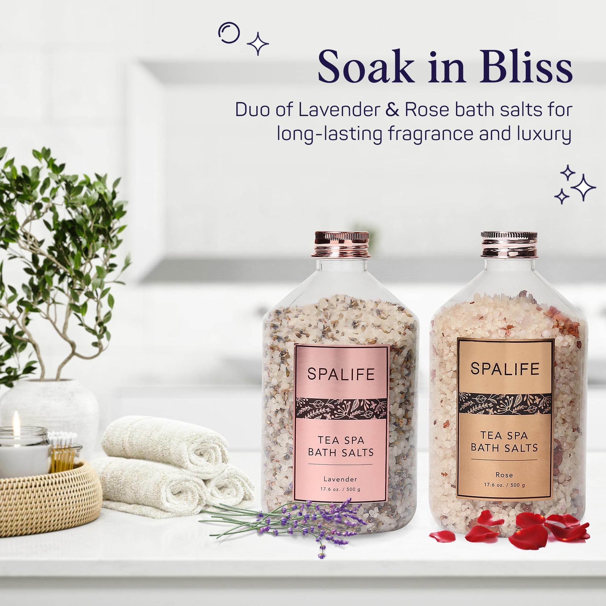 SpaLife Tea Spa rose jar showing rose petals for skin-soothing soak.