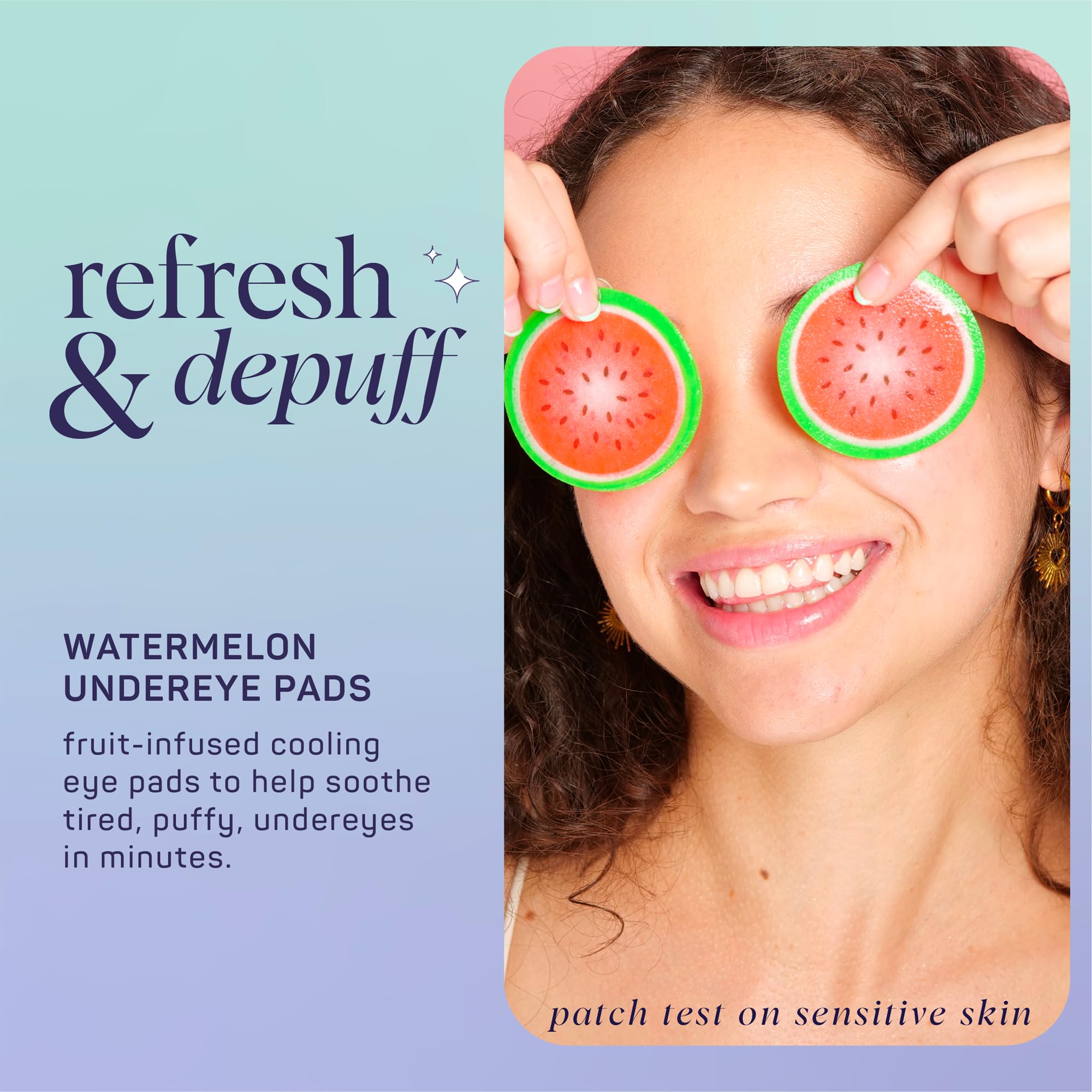 SpaLife Watermelon eye pads showing cucumber cooling effect for tired under-eye skin