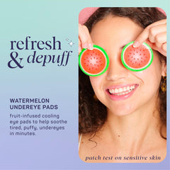 SpaLife Watermelon eye pads showing cucumber cooling effect for tired under-eye skin