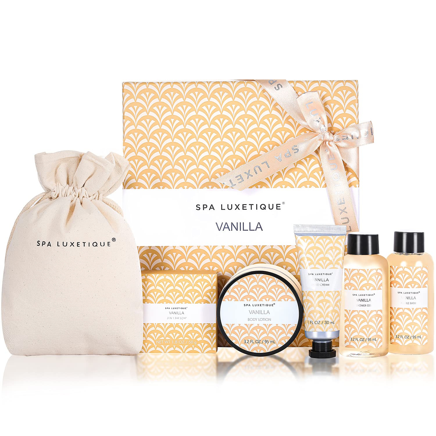 Spa Luxetique vanilla bath set bottle shows soothing fragrance for a relaxing shower