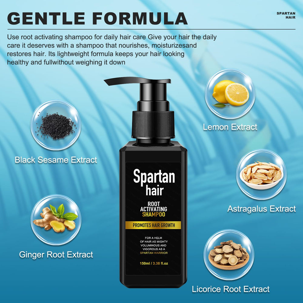 SPARTAN HAIR Root Activator Shampoo application hands shows easy-to-use cleansing.