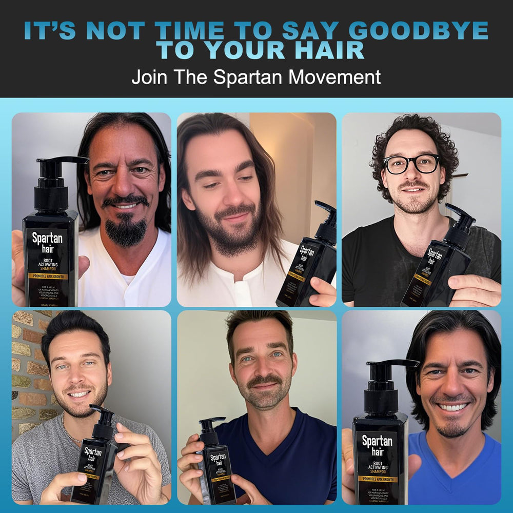 SPARTAN HAIR Root Activator Shampoo on bathroom shelf ready for daily rejuvenation ritual.