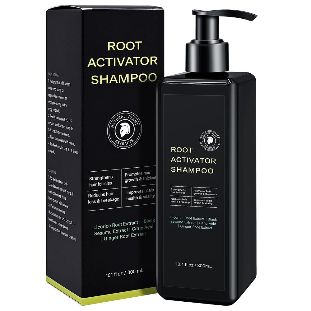 SPARTAN HAIR Root Activator Shampoo bottle closeup for daily scalp cleansing.