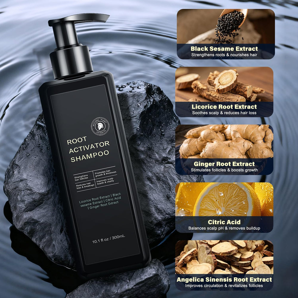 SPARTAN HAIR Root Activator Shampoo leaf-extract visual highlights plant-based nourishment.