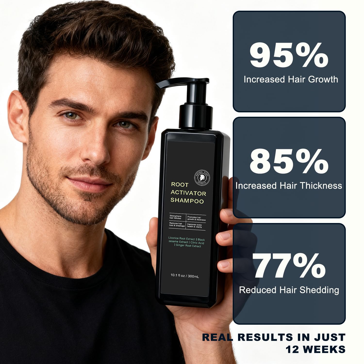 SPARTAN HAIR Root Activator Shampoo man applying the product shows potential thicker-looking hair.