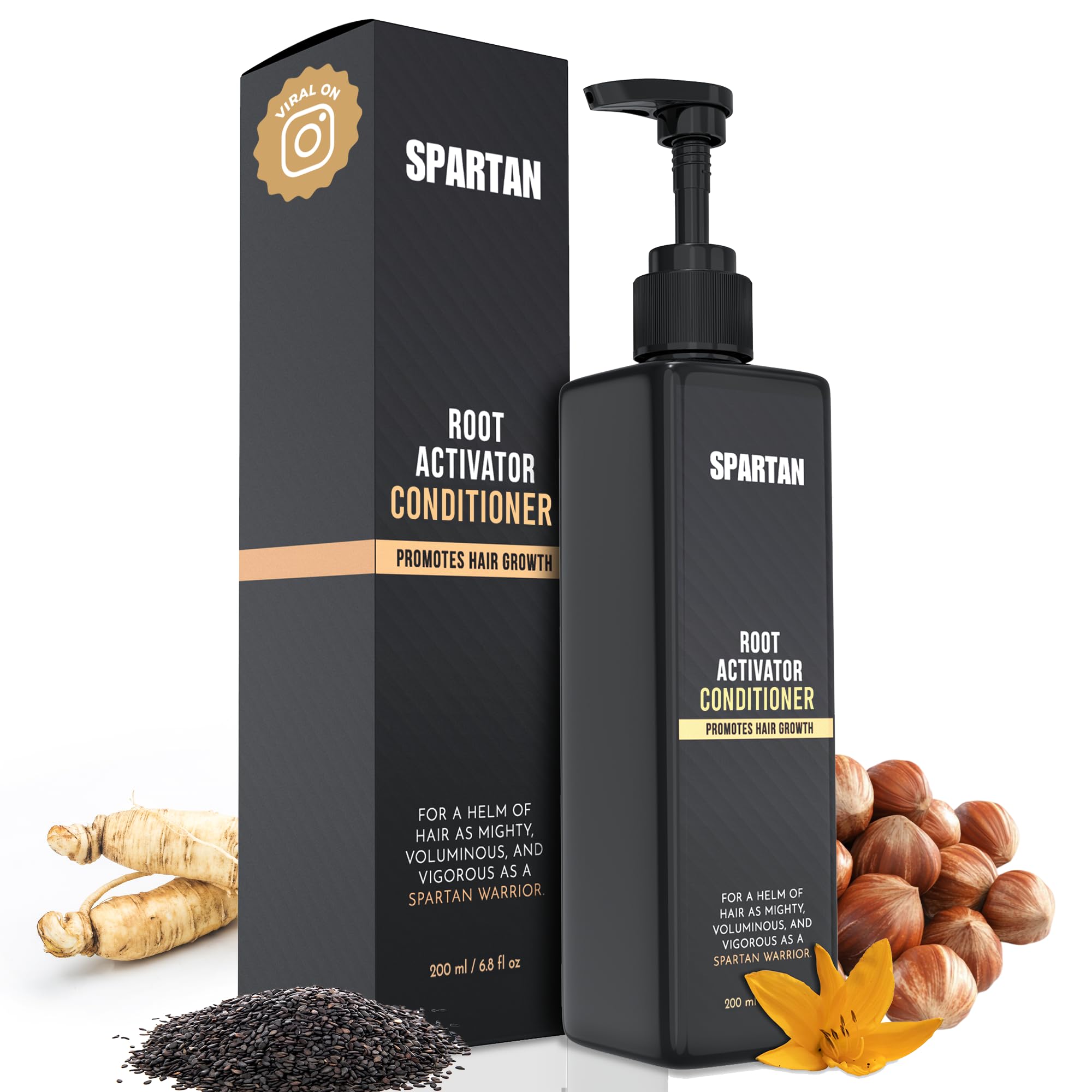 SPARTAN Root Activator Conditioner bottle closeup highlighting scalp nourishment for stronger roots.