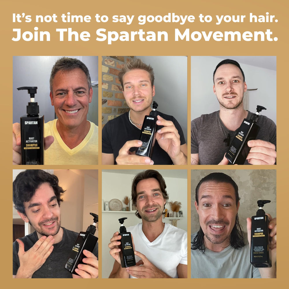 SPARTAN Root Activator Shampoo branding label confirms safe, everyday formula for men’s hair care.