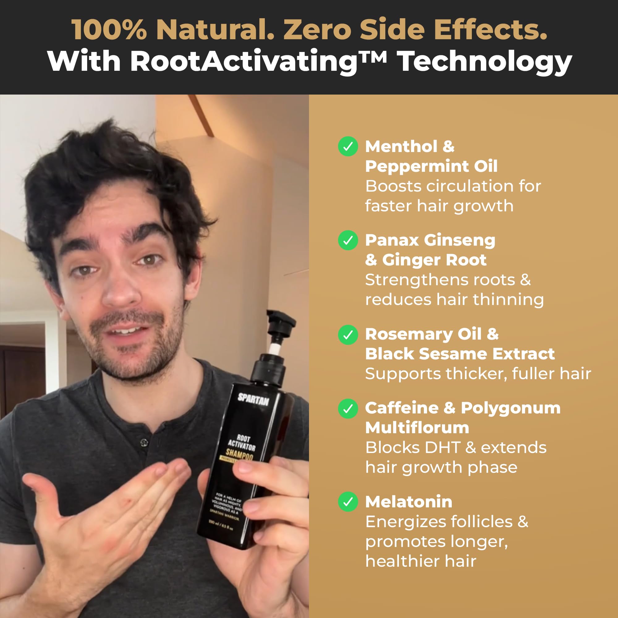 SPARTAN Root Activator Shampoo natural extracts label signals plant-based nourishment for hair health.