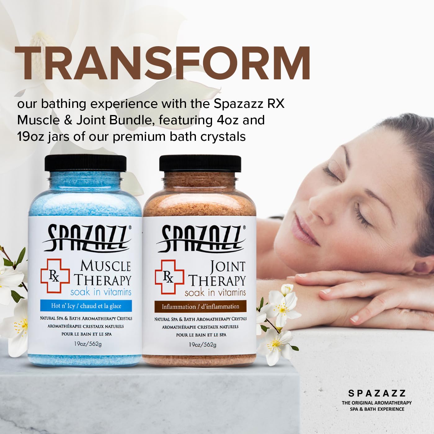 Spazazz bundle packaging featuring two salts and massager for at-home spa setup.