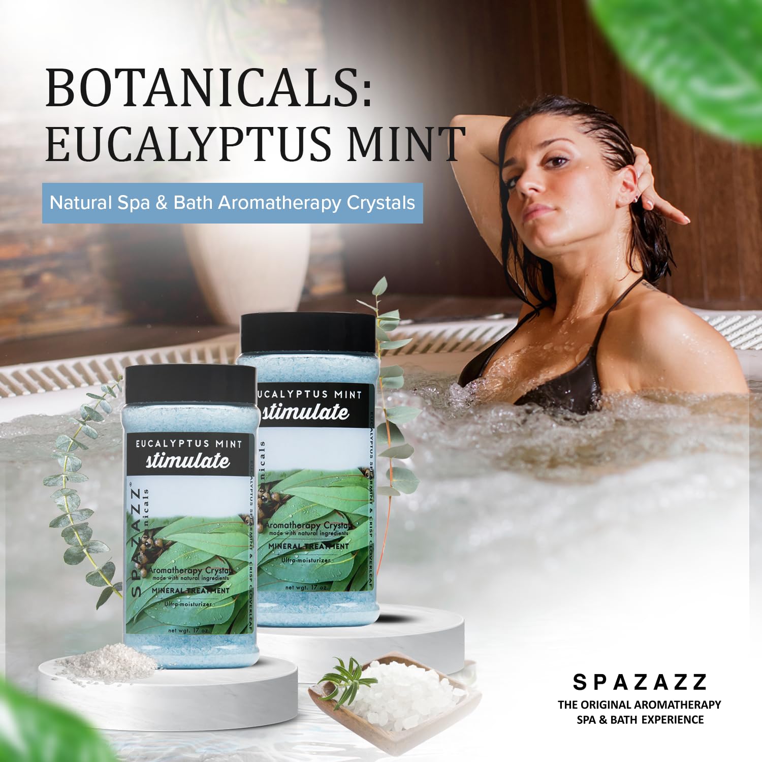 Close-up of Spazazz Eucalyptus Mint crystals highlighting minerals for skin hydration