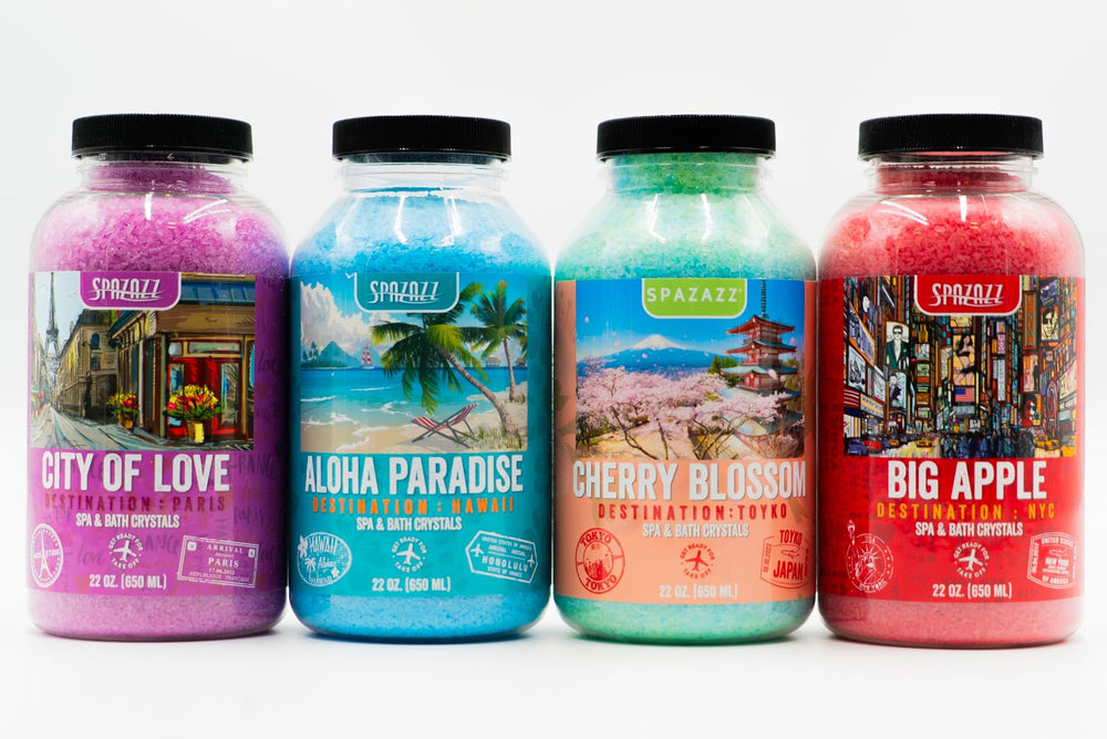 Spazazz Destinations bundle packaging closeup hints at gift-ready spa experience.