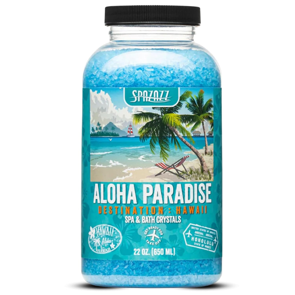 Spazazz Destinations Hawaii bottle shows spa aromatherapy crystals for home relaxation.