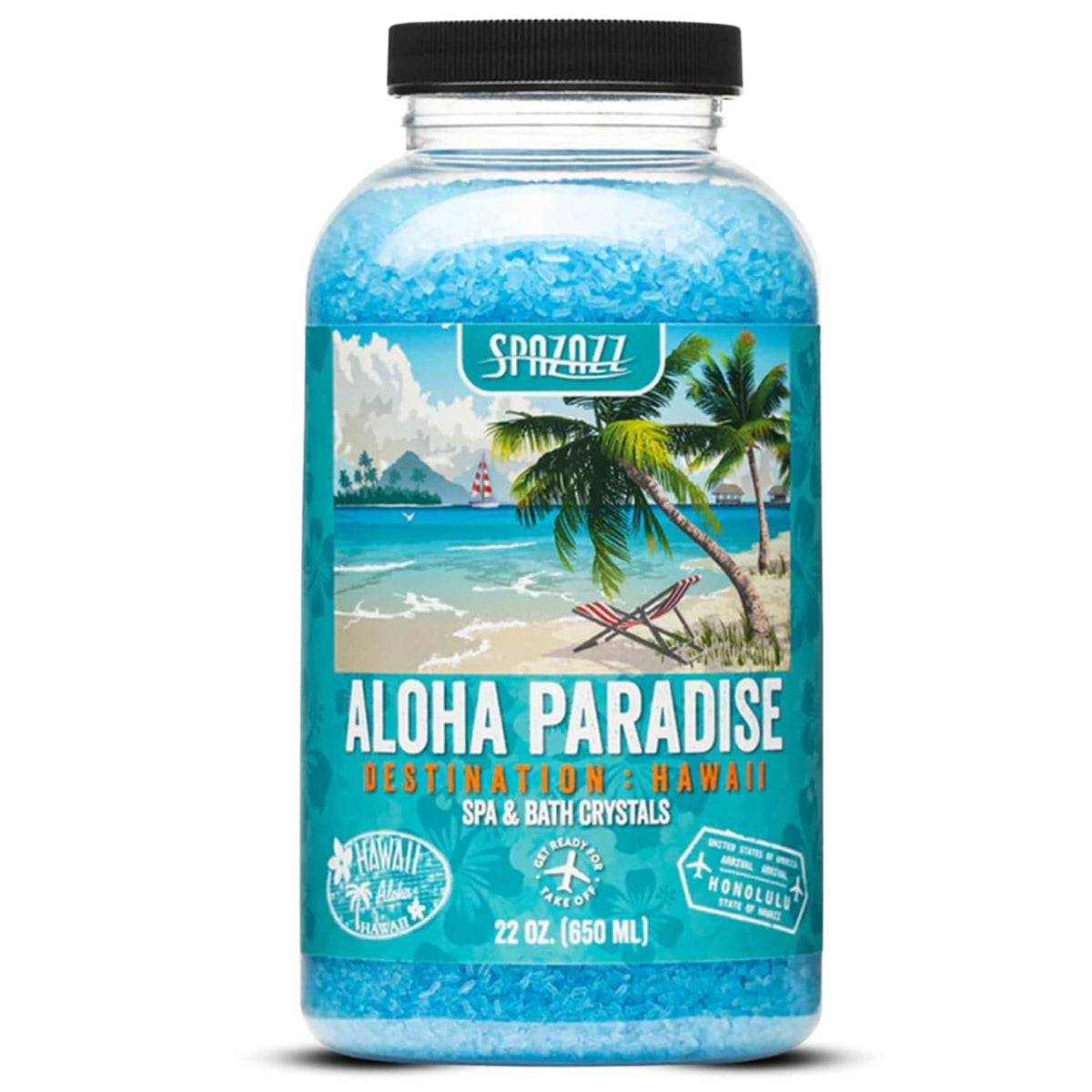 Spazazz Destinations Hawaii bottle shows spa aromatherapy crystals for home relaxation.