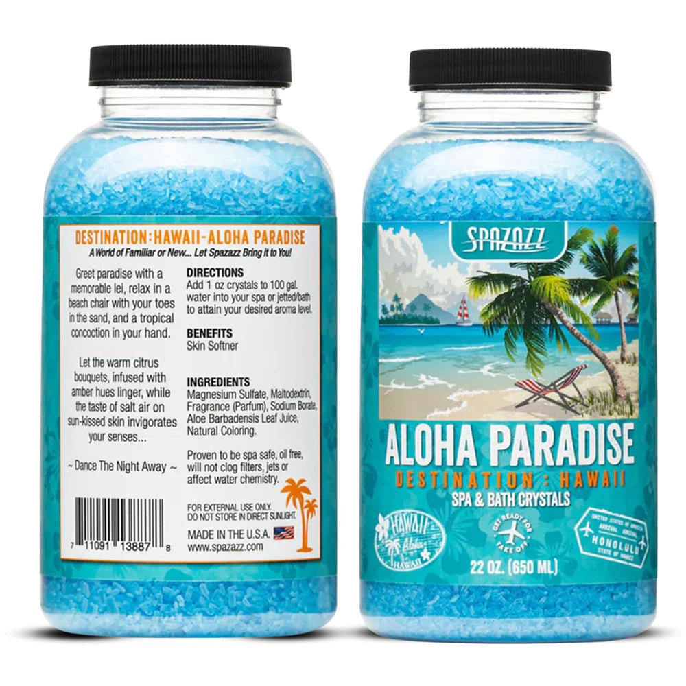 Spazazz Destinations Hawaii crystals spill-out celebrates tropical scent for a soothing soak.