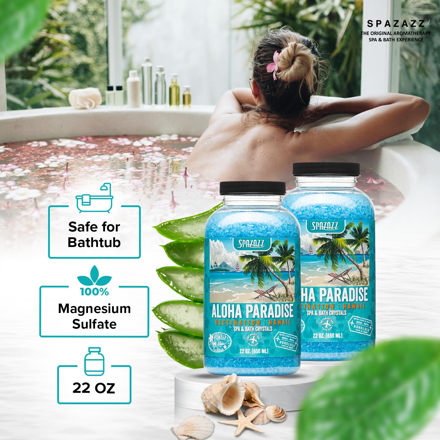 Spazazz Hawaii Aloha Paradise product shot with hot tub scene for ambiance.