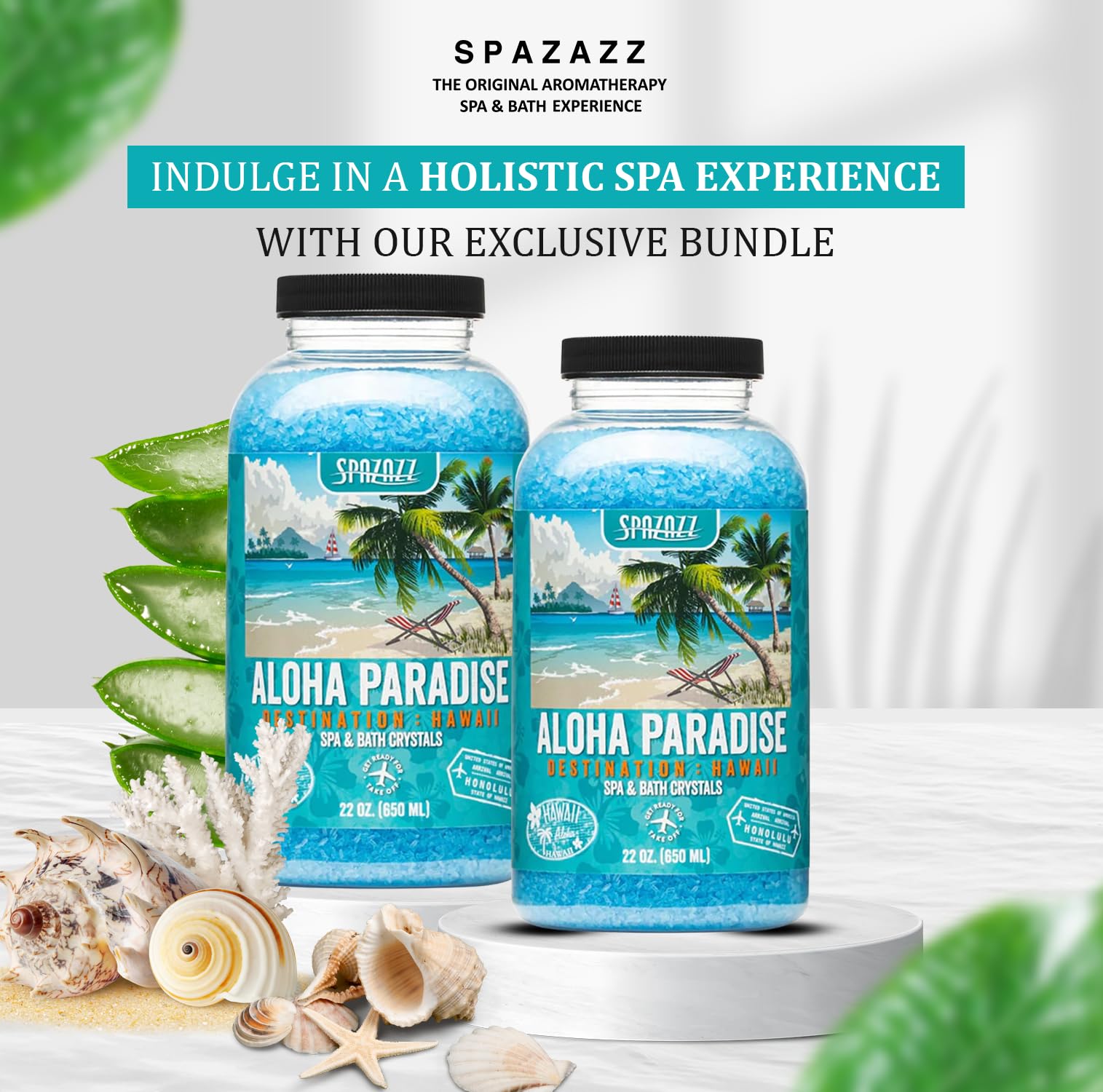 Spazazz Destinations Hawaii ready-to-use crystals dissolving in water shows easy spa setup.