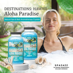 Spazazz Destinations Hawaii jar close-up highlights magnesium sulfate base for skin-softening bath.
