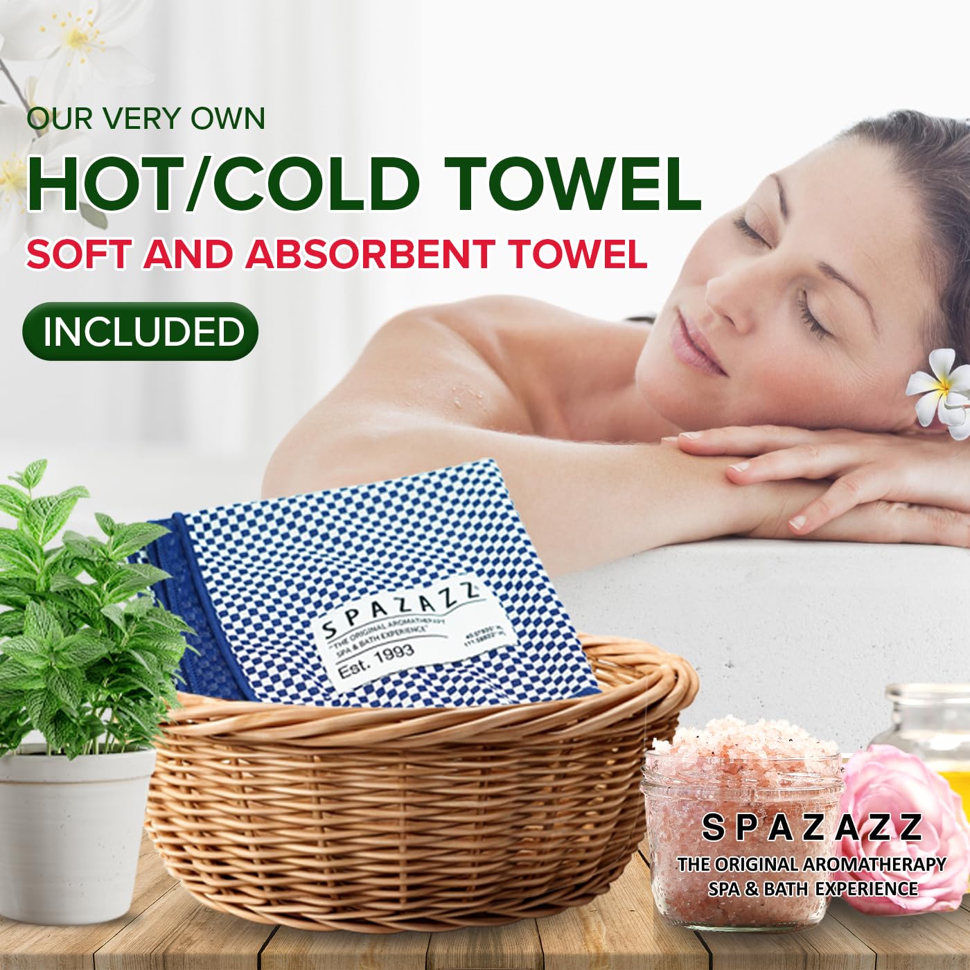 Spazazz Green Tea Peony bath salt close-up highlights botanical blend and mood lift.