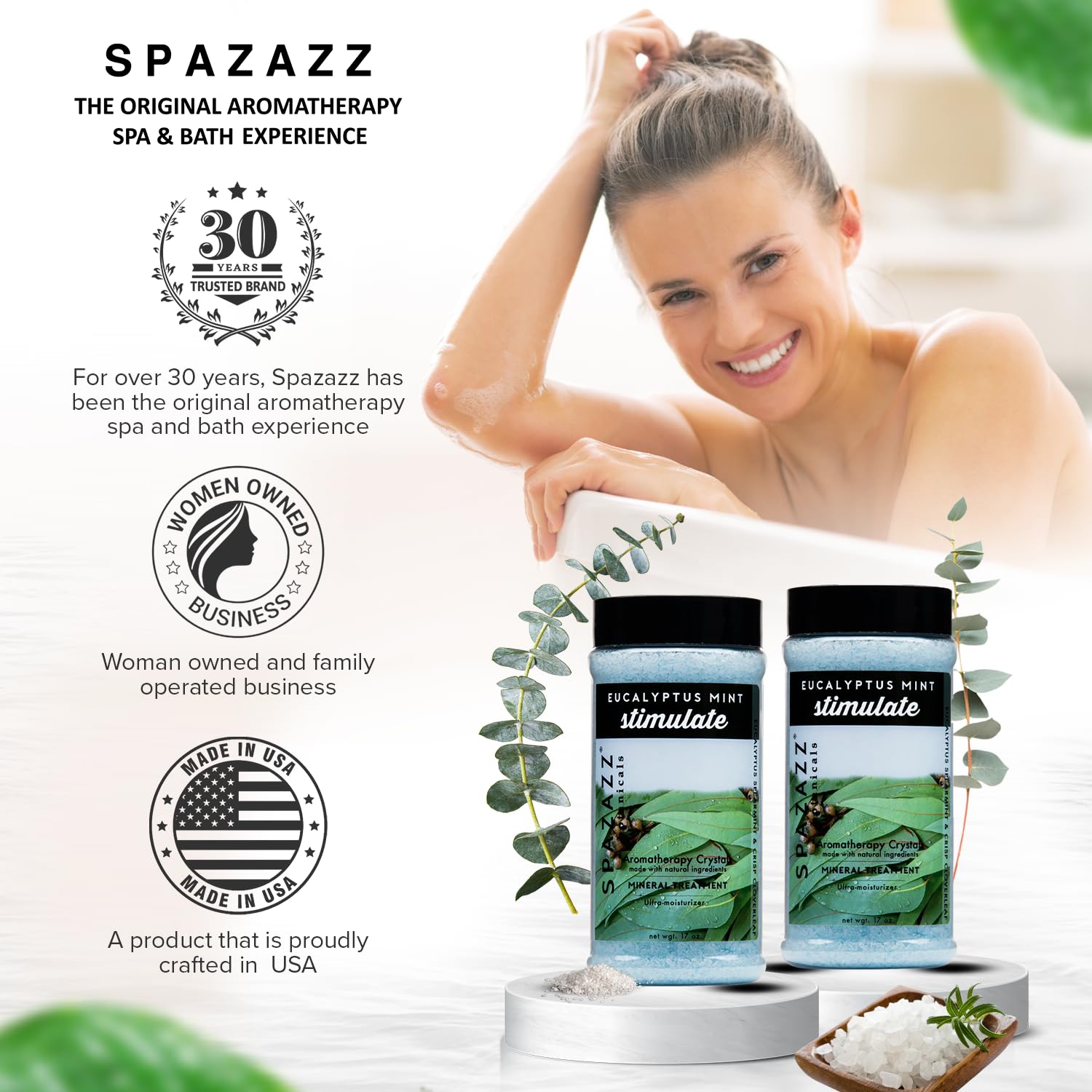 Spazazz Eucalyptus Mint crystals used as exfoliating scrub for silky skin