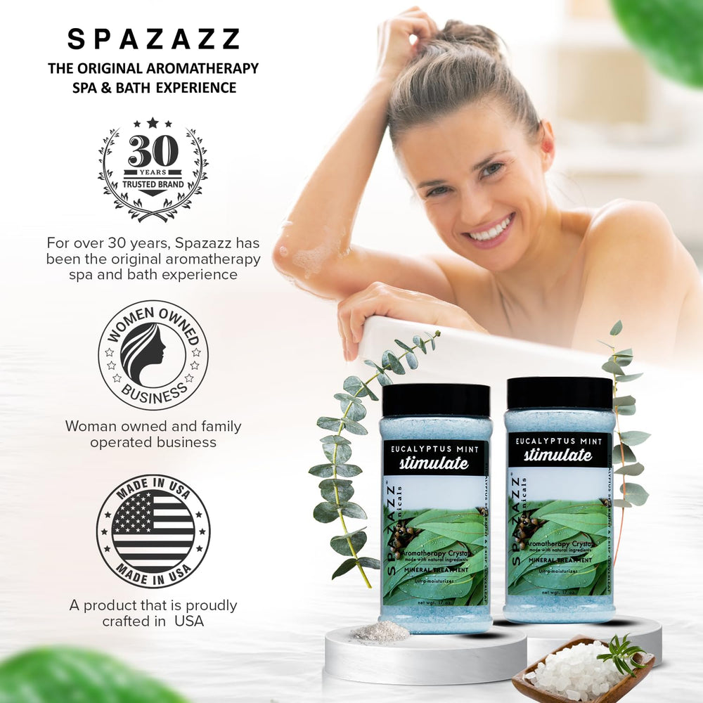 Spazazz Eucalyptus Mint crystals used as exfoliating scrub for silky skin