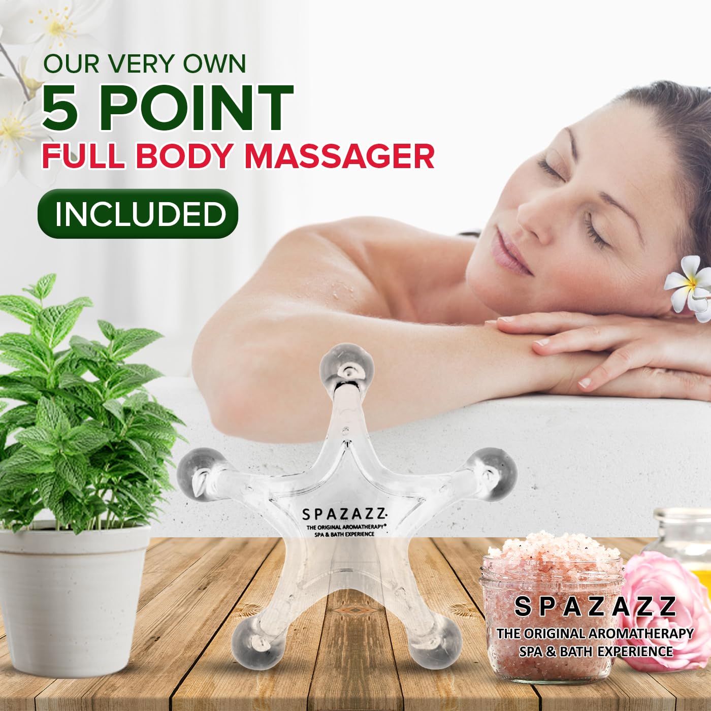 Spazazz 5-point massager for targeted relaxation during spa routine.