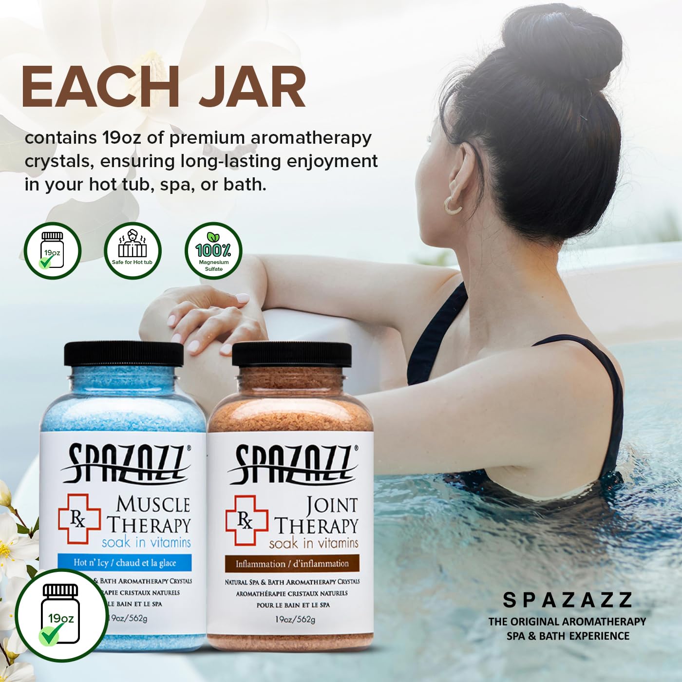 Spazazz joint therapy bath salts jar for joint comfort and gentle relaxation.