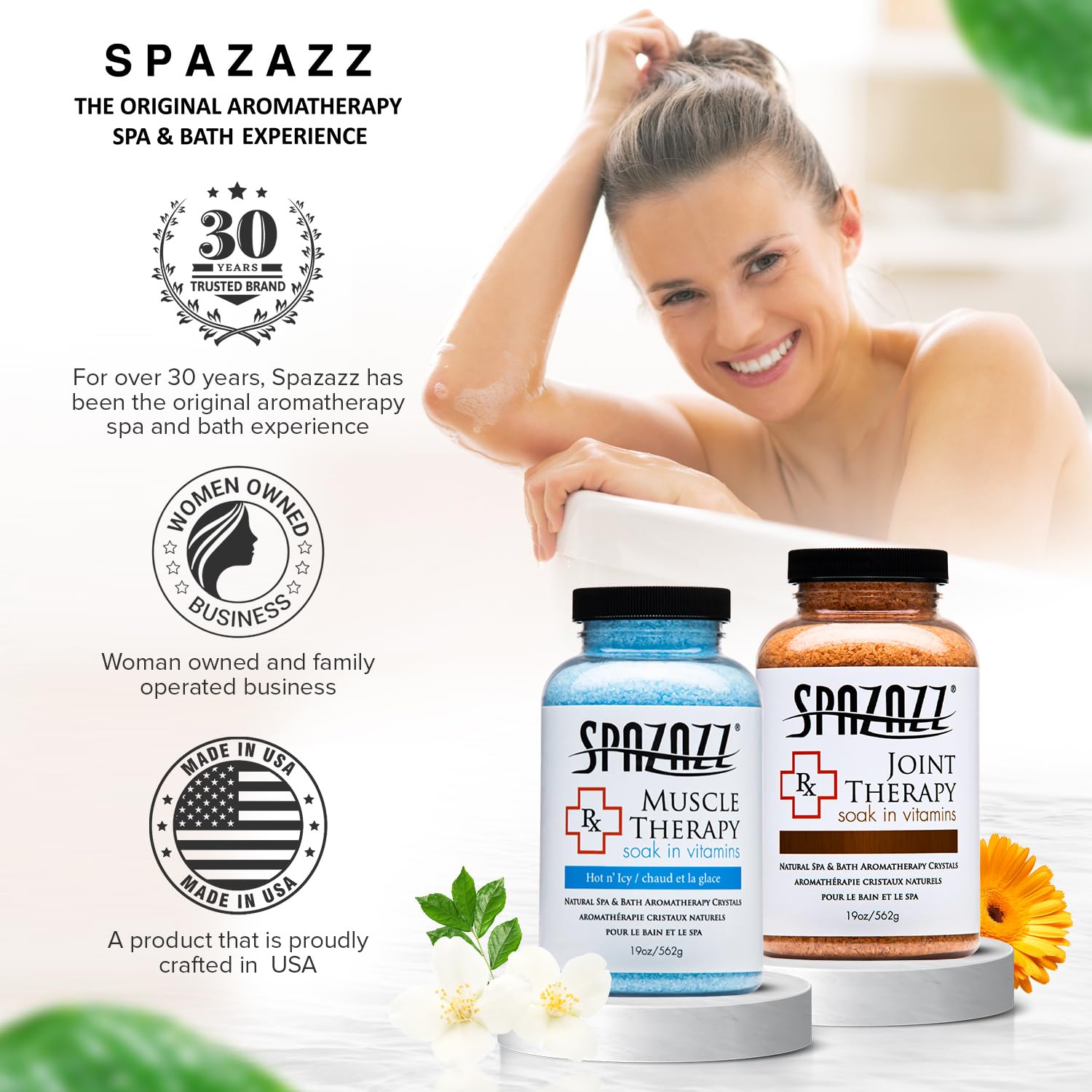 Spazazz made-in-USA, woman-owned label signals trusted spa heritage.