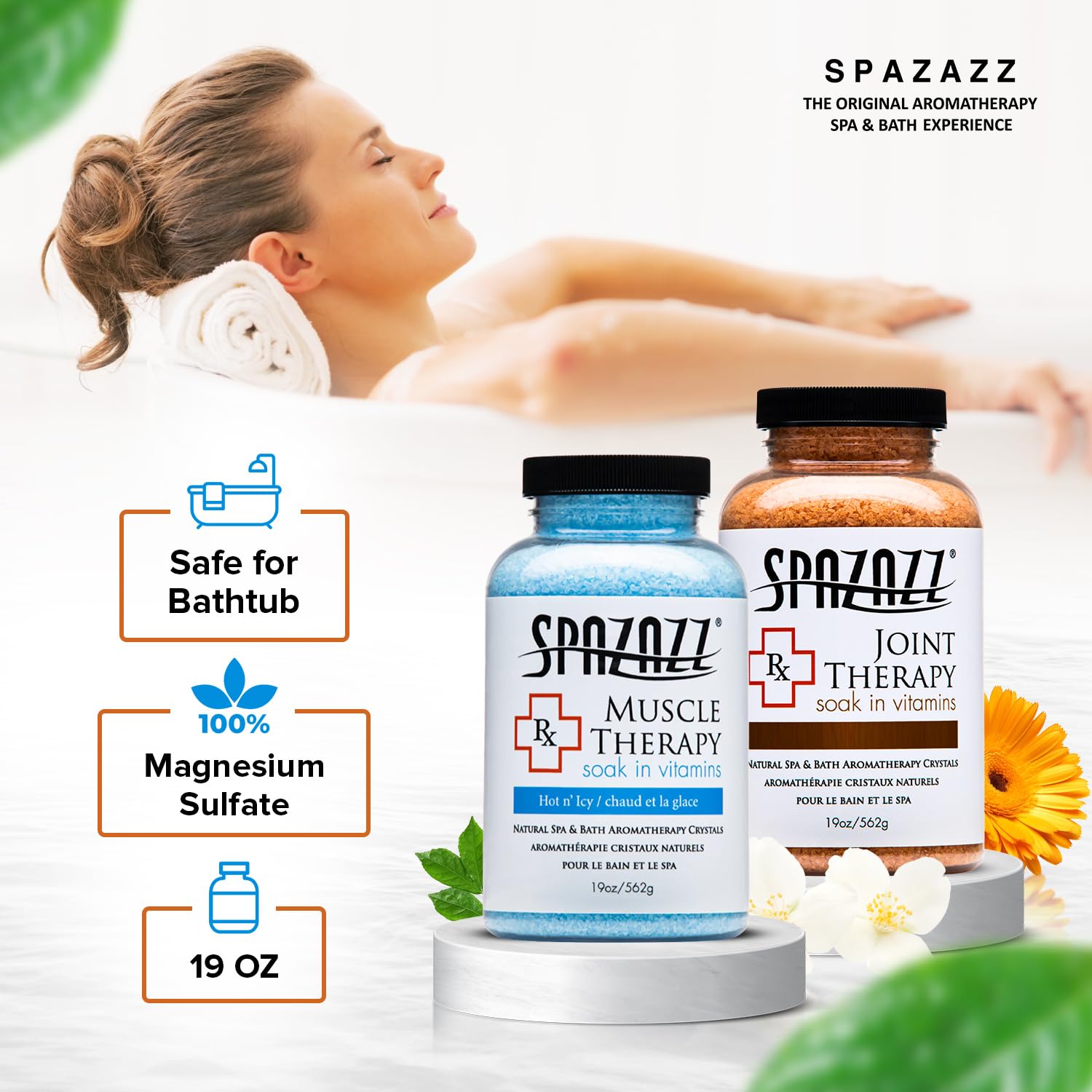 Spazazz magnesium sulfate mineral blend highlights premium soak ingredients.