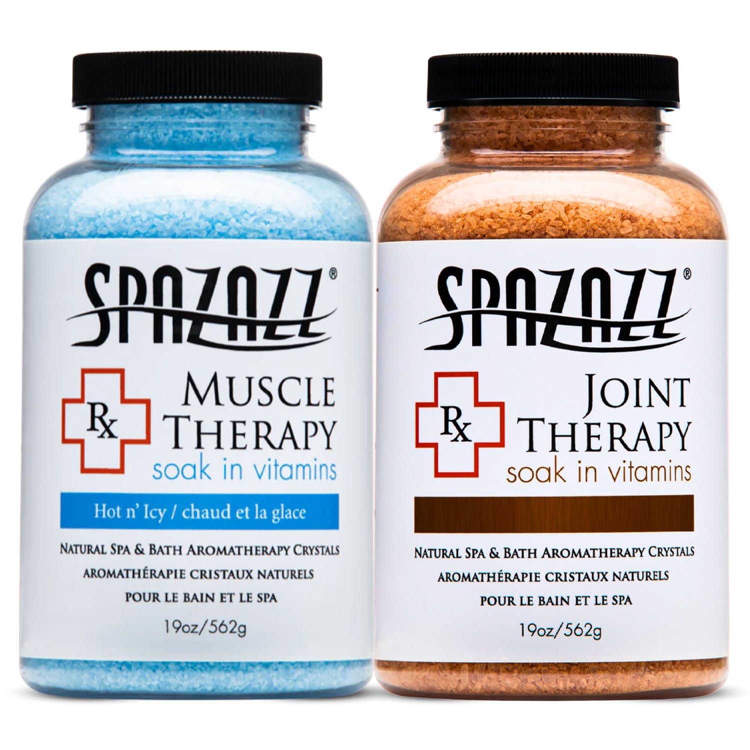 Spazazz RX Therapy Muscle Bath Salts jar offers soothing aroma for tense muscles.