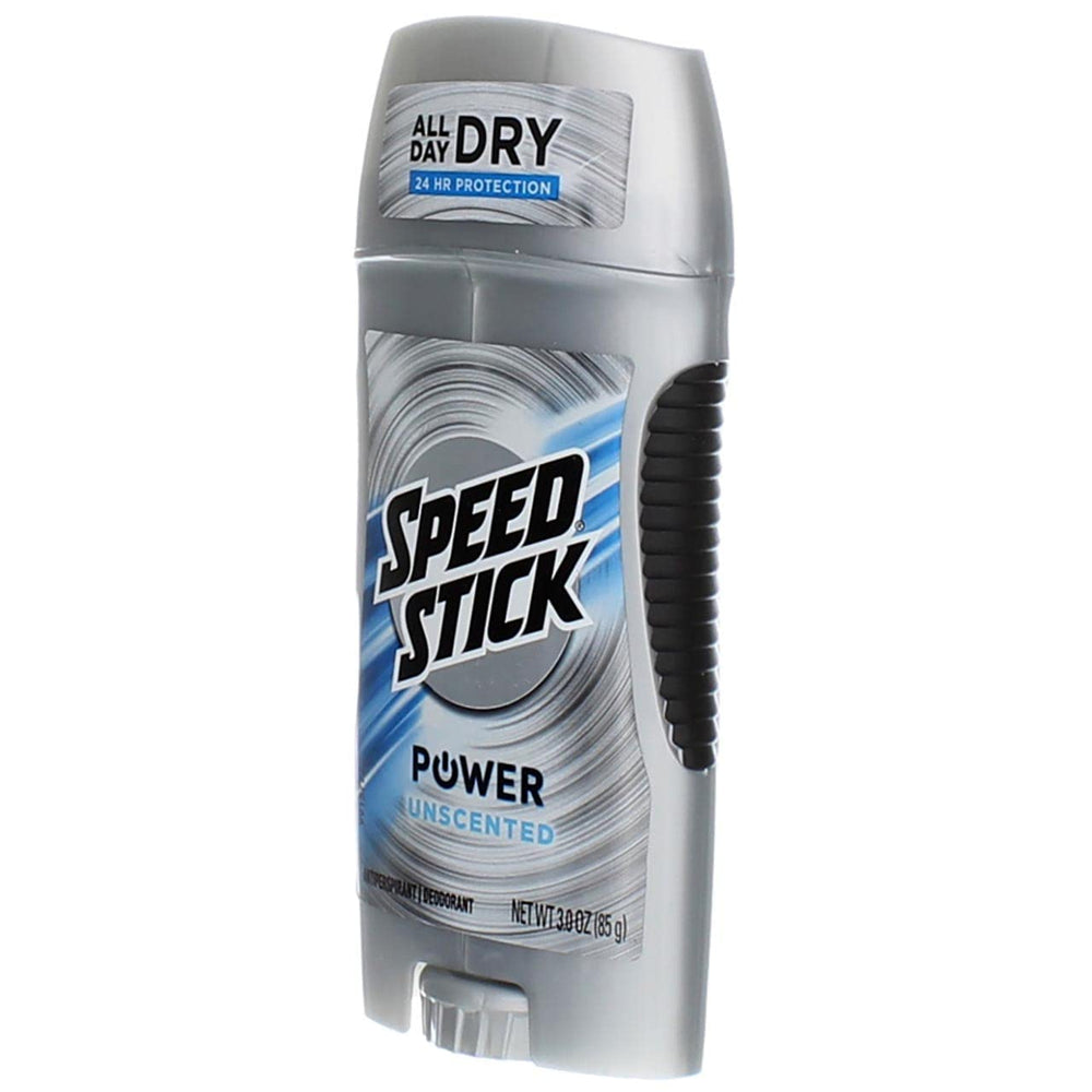 Speed Stick Power ingredient panel shows unscented formula for sensitive-skin use.