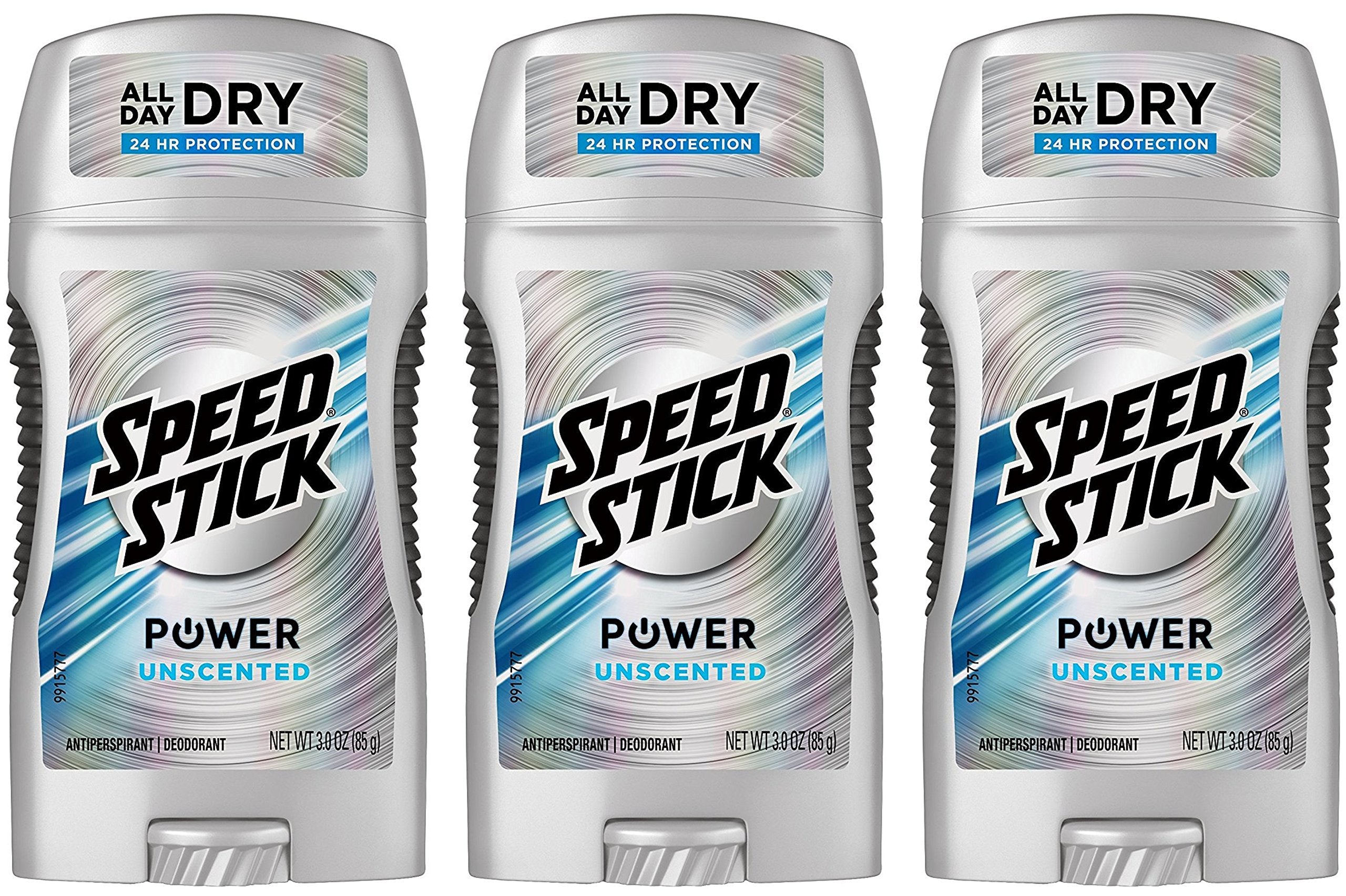 Speed Stick unscented antiperspirant stick shows powdery texture for all-day dryness.