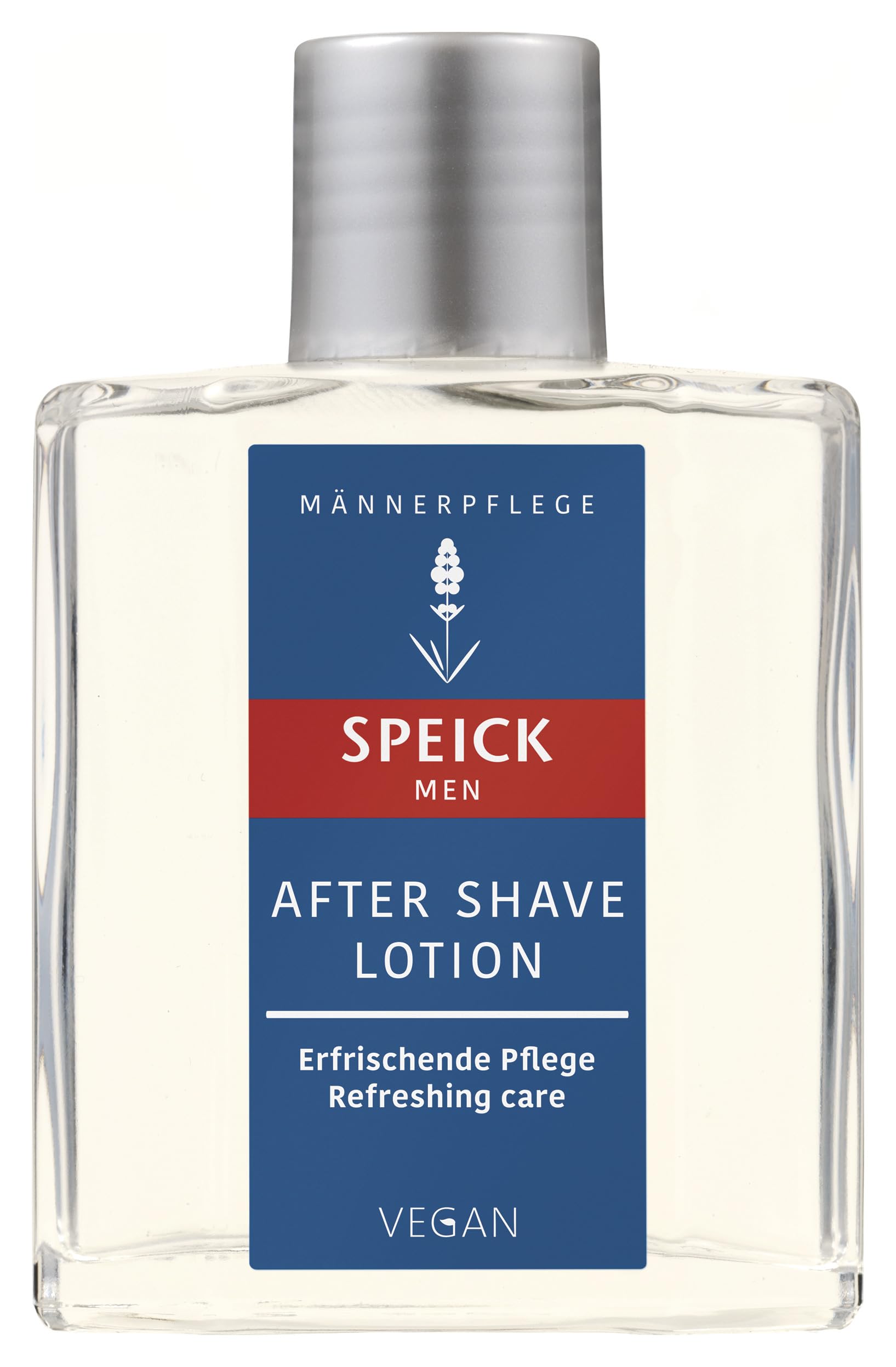 Speick after shave lotion bottle demonstrating hydrating, soothing care after shaving