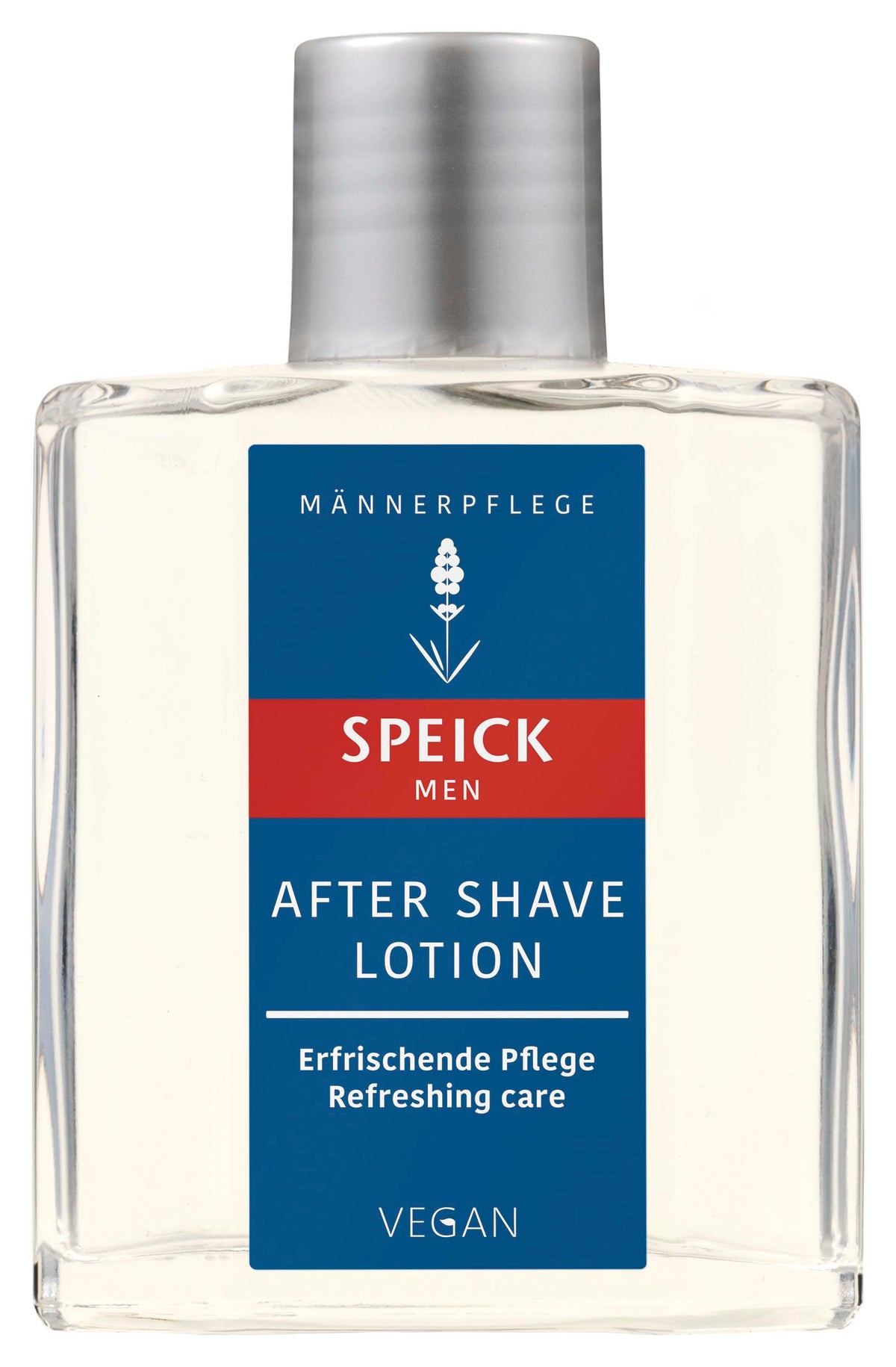 Speick after shave lotion bottle demonstrating hydrating, soothing care after shaving