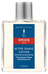 Speick after shave lotion bottle demonstrating hydrating, soothing care after shaving