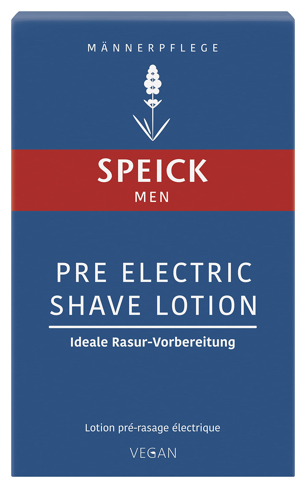 Speick Men Pre Electric Shave Lotion bottle with label, vegan skincare for a comfortable shave.