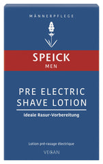 Speick Men Pre Electric Shave Lotion bottle with label, vegan skincare for a comfortable shave.
