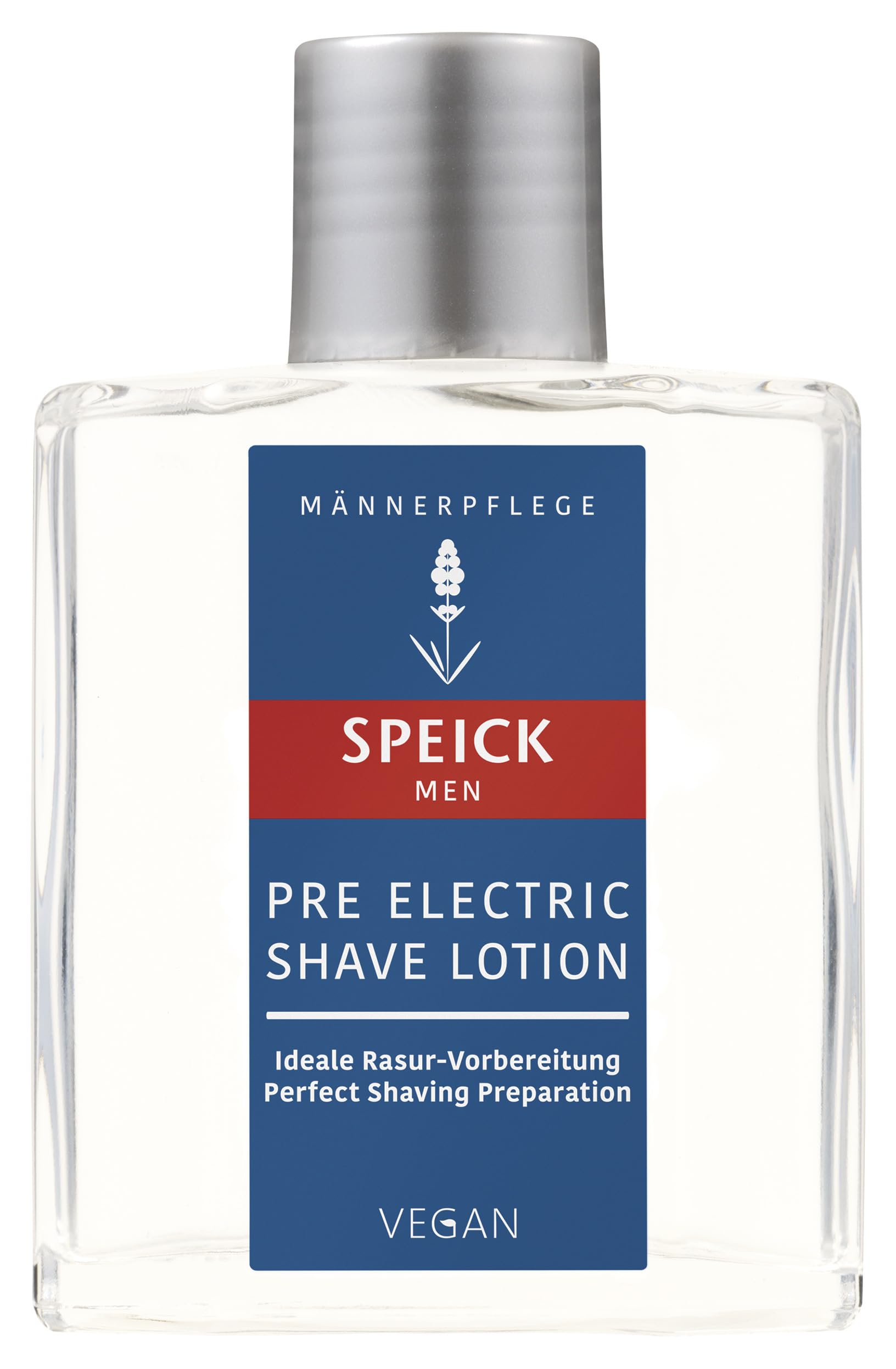 Speick Men Pre Electric Shave Lotion lavender oil close-up for soothing pre-shave prep.