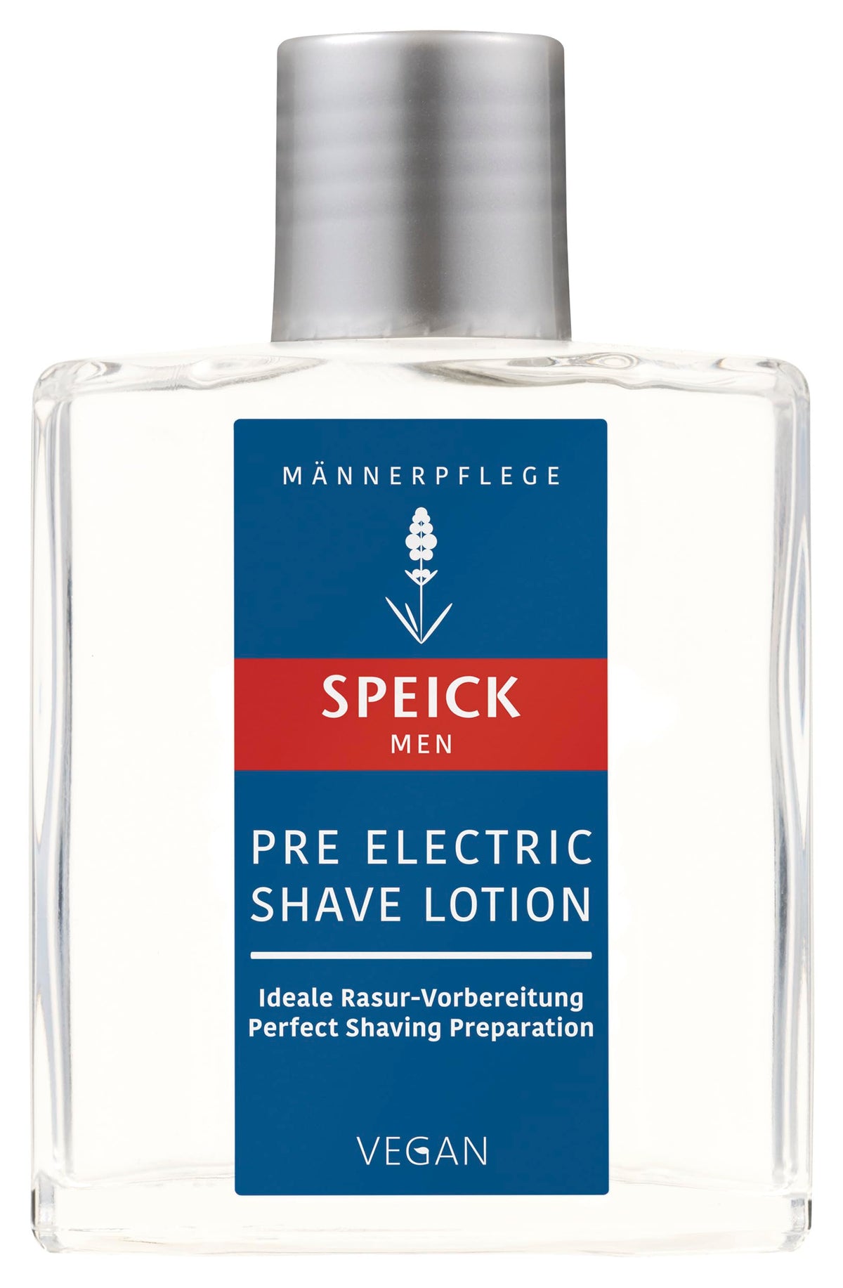 Speick Men Pre Electric Shave Lotion lavender oil close-up for soothing pre-shave prep.