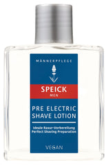 Speick Men Pre Electric Shave Lotion lavender oil close-up for soothing pre-shave prep.