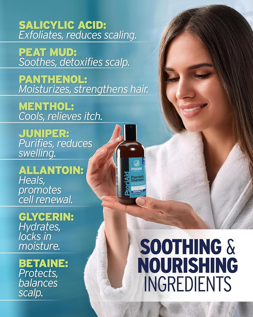 Sphagnum Botanicals Psoriasis Shampoo ingredients closeup featuring peat mud and panthenol