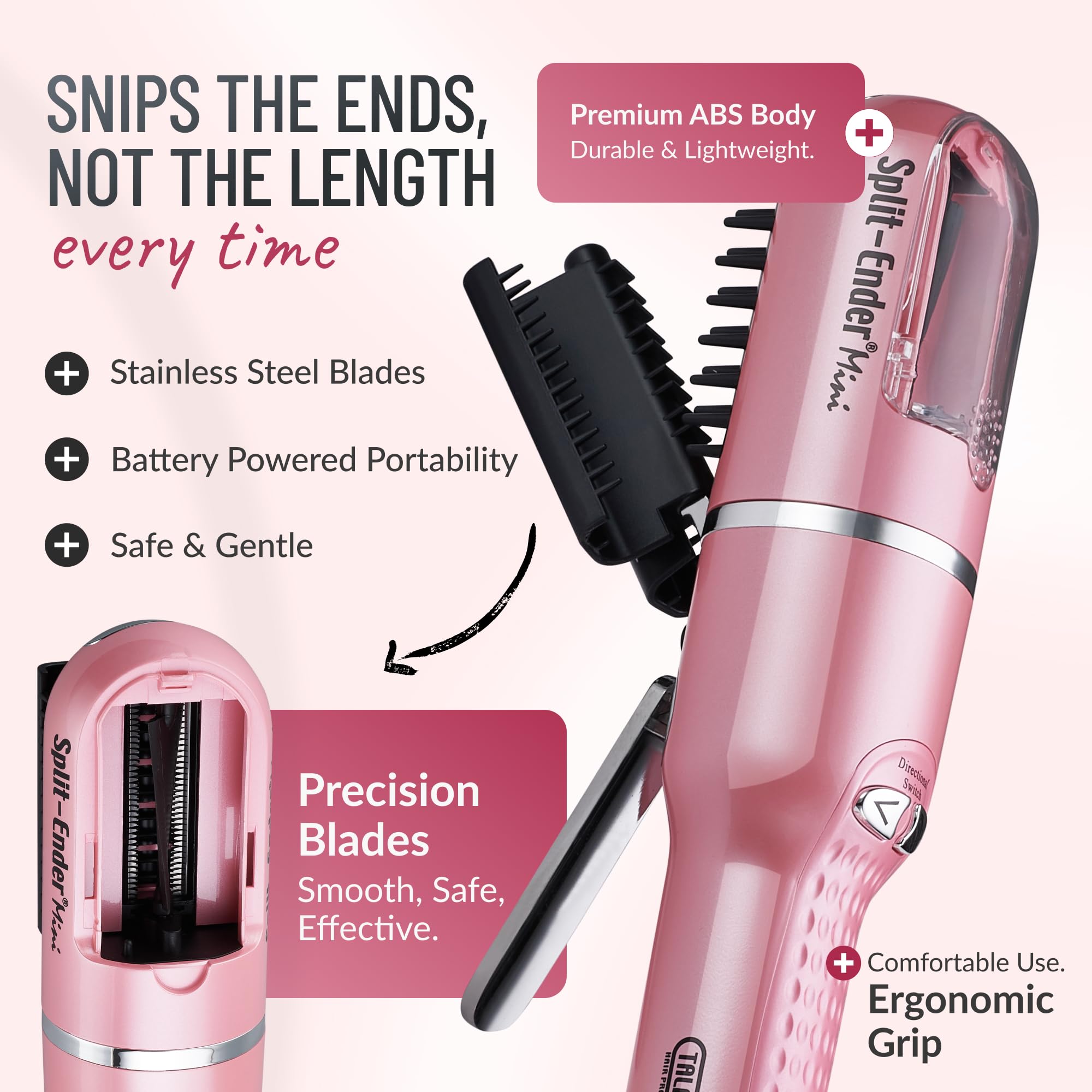 Split Ender Mini battery-powered hair tool in use on vanity for quick trims.