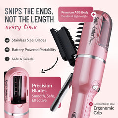 Split Ender Mini battery-powered hair tool in use on vanity for quick trims.